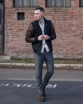 Navy Leather Watch Outfits For Men: A black varsity jacket and a navy leather watch are amazing menswear staples that will integrate wonderfully within your day-to-day casual collection. Get a little creative in the footwear department and spruce up your look by wearing dark brown suede chelsea boots.