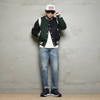 White and Red Baseball Cap Outfits For Men: This casual combination of a multi colored varsity jacket and a white and red baseball cap is a life saver when you need to look stylish in a flash. Clueless about how to complement your outfit? Wear a pair of navy and white athletic shoes to dress it up.