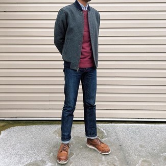 Red Sweatshirt Outfits For Men: Why not wear a red sweatshirt and navy jeans? As well as very comfortable, these items look great when paired together. Introduce a pair of brown leather casual boots to this look for a masculine aesthetic.