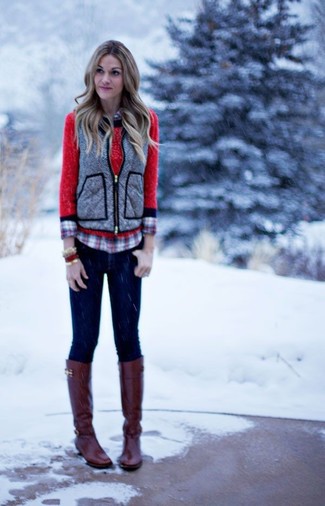 Red Bracelet Outfits: A grey quilted vest and a red bracelet make for the perfect base for an incredibly stylish casual getup. And if you want to easily amp up your look with shoes, complement this ensemble with a pair of brown leather knee high boots.