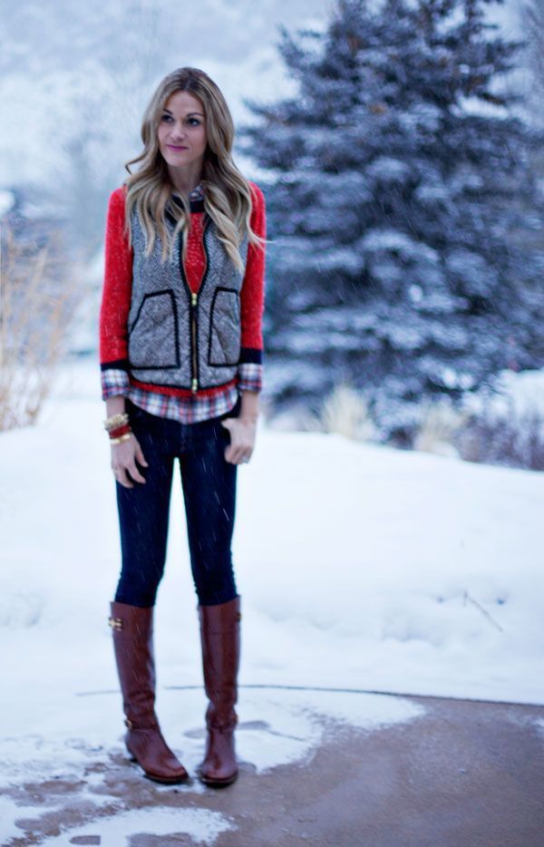 Women's Grey Quilted Vest, Red Crew-neck Sweater, Red Plaid Dress Shirt ...