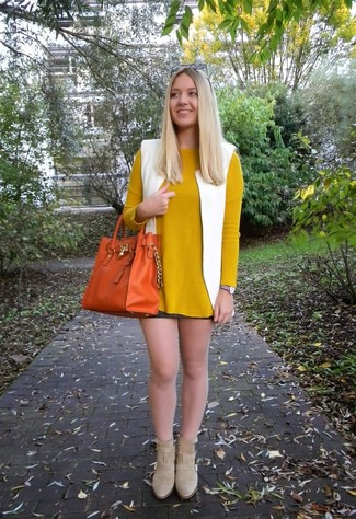 Women's White Vest, Mustard Crew-neck Sweater, Black Leather Mini Skirt, Beige Cutout Suede Ankle Boots
