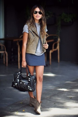 Women's Olive Leather Vest, Grey Crew-neck T-shirt, Navy Polka Dot Mini Skirt, Brown Suede Ankle Boots