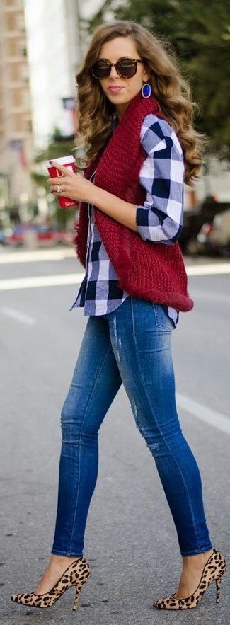 Women's Burgundy Knit Vest, Navy and White Gingham Dress Shirt, Blue Ripped Skinny Jeans, Tan Leopard Suede Pumps