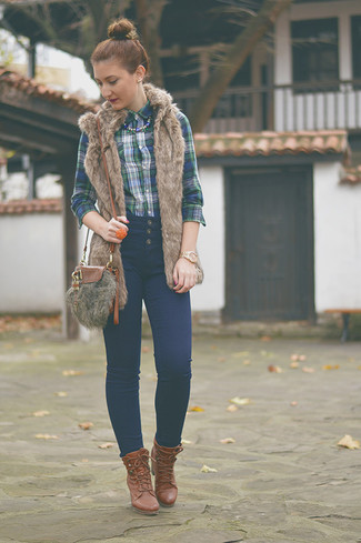 Women's Brown Fur Vest, Navy Plaid Dress Shirt, Navy Skinny Jeans, Tobacco Leather Lace-up Ankle Boots