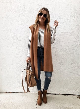 Women's Tan Wool Vest, White and Black Horizontal Striped Long Sleeve T-shirt, Navy Ripped Skinny Jeans, Brown Suede Ankle Boots