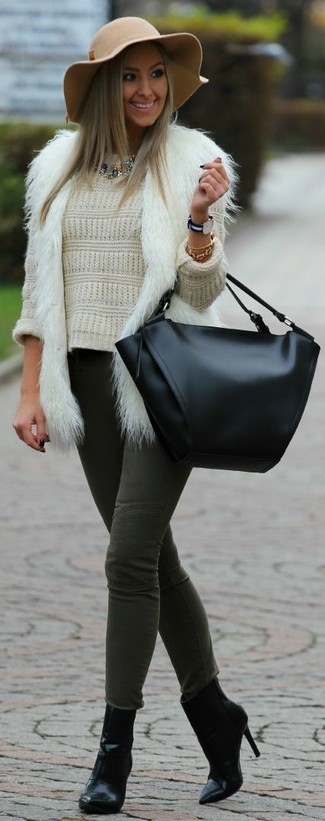 Women's White Fur Vest, Beige Knit Oversized Sweater, Olive Skinny Jeans, Black Leather Ankle Boots