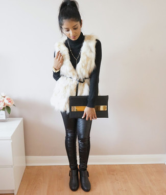 Black and Gold Leather Clutch Outfits: Irrefutable proof that a beige fur vest and a black and gold leather clutch are amazing when worn together in a laid-back ensemble. Balance out this ensemble with a more elegant kind of footwear, such as this pair of black leather ankle boots.