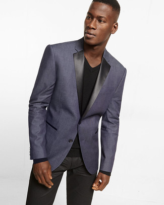 Black Leather Jeans Outfits For Men: For a casually classic ensemble, rock a violet blazer with black leather jeans — these two pieces fit perfectly together.