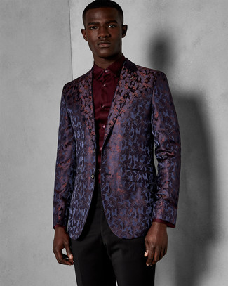 Dark Purple Blazer Outfits For Men: This polished pairing of a dark purple blazer and black dress pants will cement your sartorial skills.