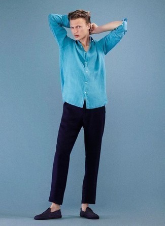 Light Blue Long Sleeve Shirt Outfits For Men: 