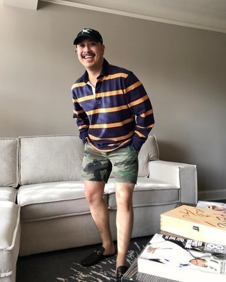 Violet Horizontal Striped Polo Neck Sweater Outfits For Men: You can look casually stylish without really trying in a violet horizontal striped polo neck sweater and olive camouflage shorts. Black leather loafers will infuse a sense of sophistication into an otherwise everyday ensemble.