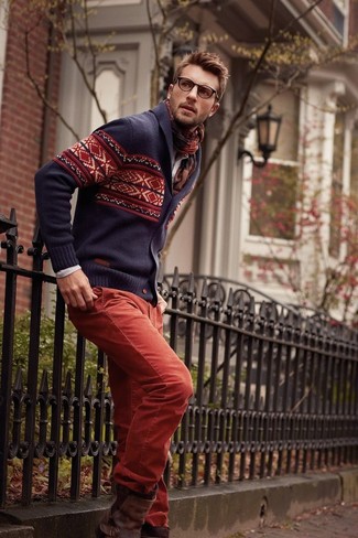 Red Jeans with Brown Leather Boots Outfits For Men (4 ideas