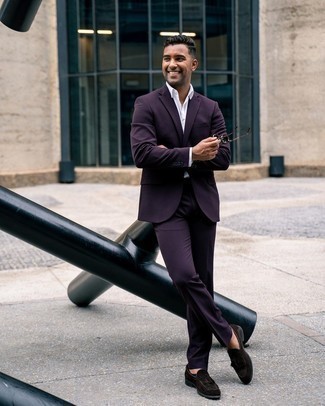 Violet Suit Outfits: Dapper up in a violet suit and a white dress shirt. Dark brown suede tassel loafers are a simple way to infuse a touch of stylish casualness into your look.
