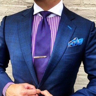 Men's Aquamarine Print Pocket Square, Violet Polka Dot Tie, Purple Vertical Striped Dress Shirt, Navy Check Blazer
