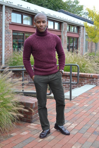 Purple Turtleneck Outfits For Men: This combination of a purple turtleneck and olive chinos is an exciting option for when it's time to clock off. And if you need to effortlessly up the ante of your getup with one single piece, complete your ensemble with a pair of brown leather loafers.