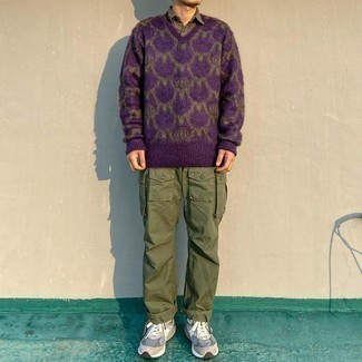 Men's Violet Print V-neck Sweater, Brown Short Sleeve Shirt, Olive Cargo Pants, Grey Athletic Shoes