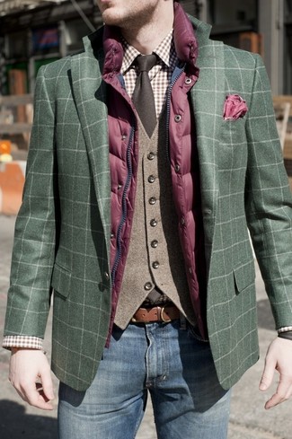 Purple Quilted Gilet Outfits For Men: 
