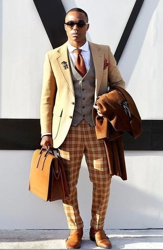 Tobacco Gingham Dress Pants Outfits For Men: 