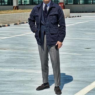 Navy Blazer with Shirt Jacket Outfits For Men: 