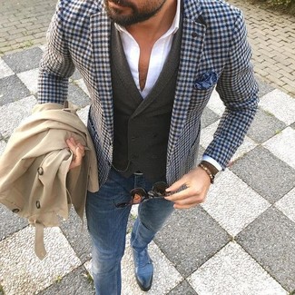 White Dress Shirt with Blue Gingham Blazer Outfits For Men: 