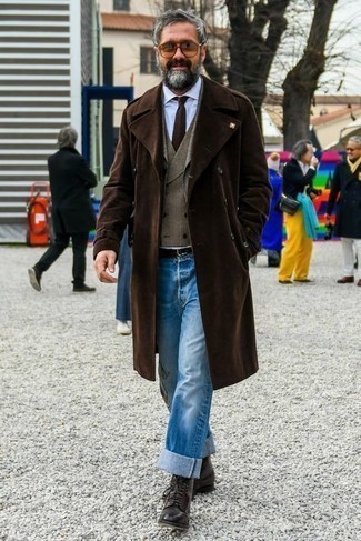 Dark Brown Suede Trenchcoat Outfits For Men: 