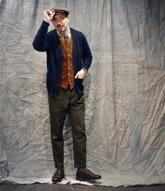 Brown Waistcoat Outfits: Loving the way this pairing of a brown waistcoat and olive chinos immediately makes men look classy and stylish. A nice pair of dark brown leather brogues ties this look together.