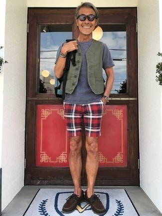 Red Plaid Shorts Outfits For Men: Choose an olive cotton waistcoat and red plaid shorts to look sophisticated but not particularly formal. Infuse a more relaxed finish into your look by rocking a pair of dark brown suede boat shoes.