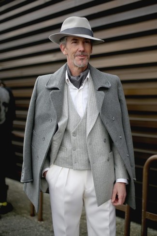 Men's White Dress Shirt, Grey Vertical Striped Waistcoat, Grey Vertical Striped Double Breasted Blazer, Grey Overcoat