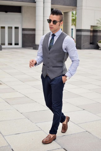 Men's Charcoal Waistcoat, Light Blue Dress Shirt, Navy Chinos, Brown Leather Loafers