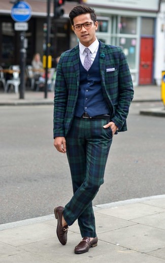 Men's Navy Waistcoat, White Dress Shirt, Navy and Green Plaid Dress Pants, Dark Brown Leather Loafers