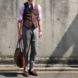 Brown Waistcoat Outfits: Go for a brown waistcoat and grey dress pants to look like a true style connoisseur. If you want to instantly dress down your look with one single piece, complete your outfit with a pair of brown leather tassel loafers.