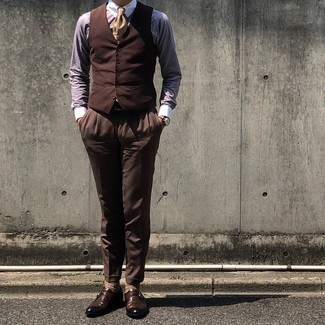 Brown Waistcoat Outfits: Team a brown waistcoat with brown dress pants for an extra stylish ensemble. And if you want to easily dial down your look with shoes, add dark brown leather monks to your outfit.