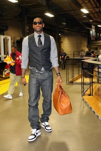Lebron James wearing Black Waistcoat, White and Black Gingham Dress Shirt, Charcoal Jeans, White and Black High Top Sneakers
