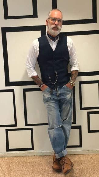 Men's Black Waistcoat, White Dress Shirt, Blue Ripped Jeans, Brown Leather Casual Boots