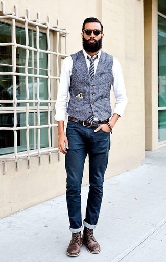 Men's Blue Waistcoat, White Dress Shirt, Navy Jeans, Dark Brown Leather Casual Boots