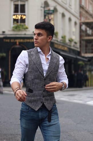 White Waistcoat Outfits: For an effortlessly polished look, marry a white waistcoat with blue skinny jeans — these two items go really well together.