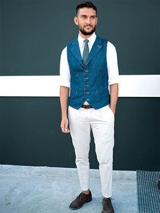 Brown Suede Derby Shoes Outfits: Consider pairing a blue denim waistcoat with white chinos for an incredibly sharp outfit. All you need now is a pair of brown suede derby shoes to complement your ensemble.