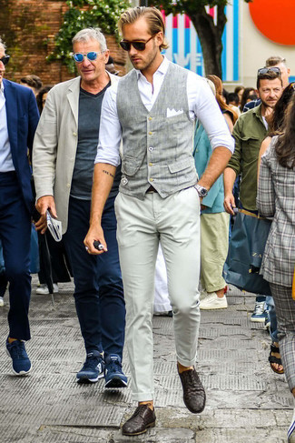 Dark Brown Leather Derby Shoes Smart Casual Outfits: When the situation calls for a sophisticated yet cool ensemble, you can easily wear a grey plaid waistcoat and grey chinos. Rock a pair of dark brown leather derby shoes for a masculine aesthetic.