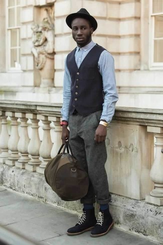 Men's Navy Waistcoat, Light Blue Chambray Long Sleeve Shirt, Grey Wool Chinos, Navy Suede Casual Boots