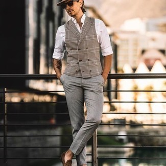 Tan Plaid Waistcoat Outfits: This combination of a tan plaid waistcoat and grey chinos is a safe option when you need to look casually smart in a flash. For a dressier feel, why not complete your ensemble with a pair of brown suede loafers?
