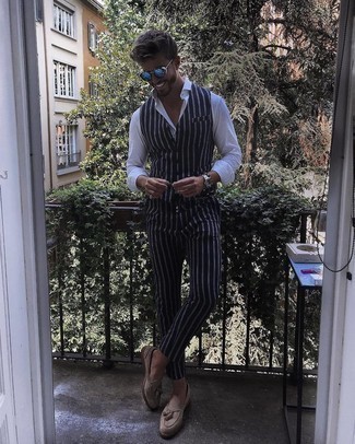 Blue Vertical Striped Waistcoat Outfits: A blue vertical striped waistcoat and navy vertical striped chinos make for the perfect base for an outfit. For shoes, you can take a more elegant route with beige suede tassel loafers.