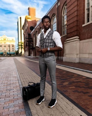 Charcoal Wool Waistcoat Outfits: For a look that's street-style-worthy and casually sleek, make a charcoal wool waistcoat and grey chinos your outfit choice. Introduce black and white athletic shoes to the mix to easily step up the wow factor of this ensemble.