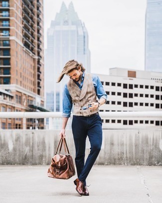 Tan Plaid Waistcoat Outfits: For a look that's effortlessly sleek and camera-worthy, choose a tan plaid waistcoat and navy chinos. To introduce a little fanciness to your getup, introduce brown leather oxford shoes to the mix.