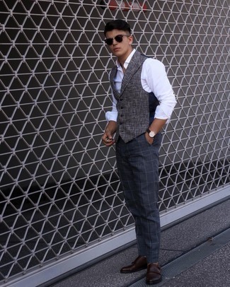Men's Grey Houndstooth Waistcoat, White Long Sleeve Shirt, Navy Check Chinos, Dark Brown Leather Double Monks