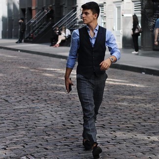 Black Waistcoat Smart Casual Outfits: You're looking at the indisputable proof that a black waistcoat and charcoal check chinos are awesome when matched together in a polished look for a modern dandy. In the shoe department, go for something on the smarter end of the spectrum and round off your ensemble with black suede tassel loafers.