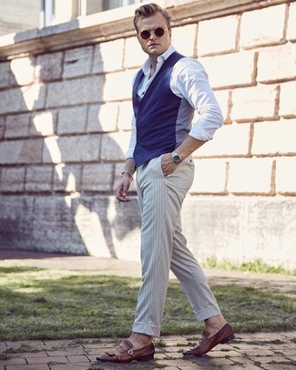 Men's Navy Waistcoat, White Long Sleeve Shirt, White Vertical Striped Chinos, Dark Brown Leather Double Monks