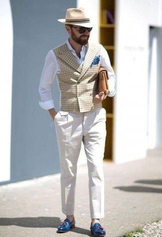 Men's Tan Check Waistcoat, White Linen Long Sleeve Shirt, White Dress Pants, Blue Leather Tassel Loafers