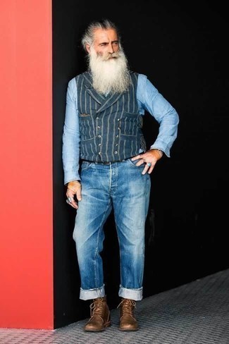 Men's Navy Vertical Striped Waistcoat, Light Blue Chambray Long Sleeve Shirt, Blue Jeans, Brown Leather Casual Boots