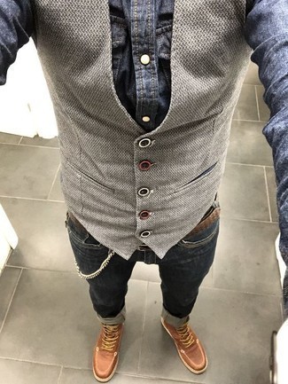 Grey Wool Waistcoat Smart Casual Outfits: For classy style with a twist, consider wearing a grey wool waistcoat and navy jeans. A pair of brown leather casual boots will add a little edge to this outfit.